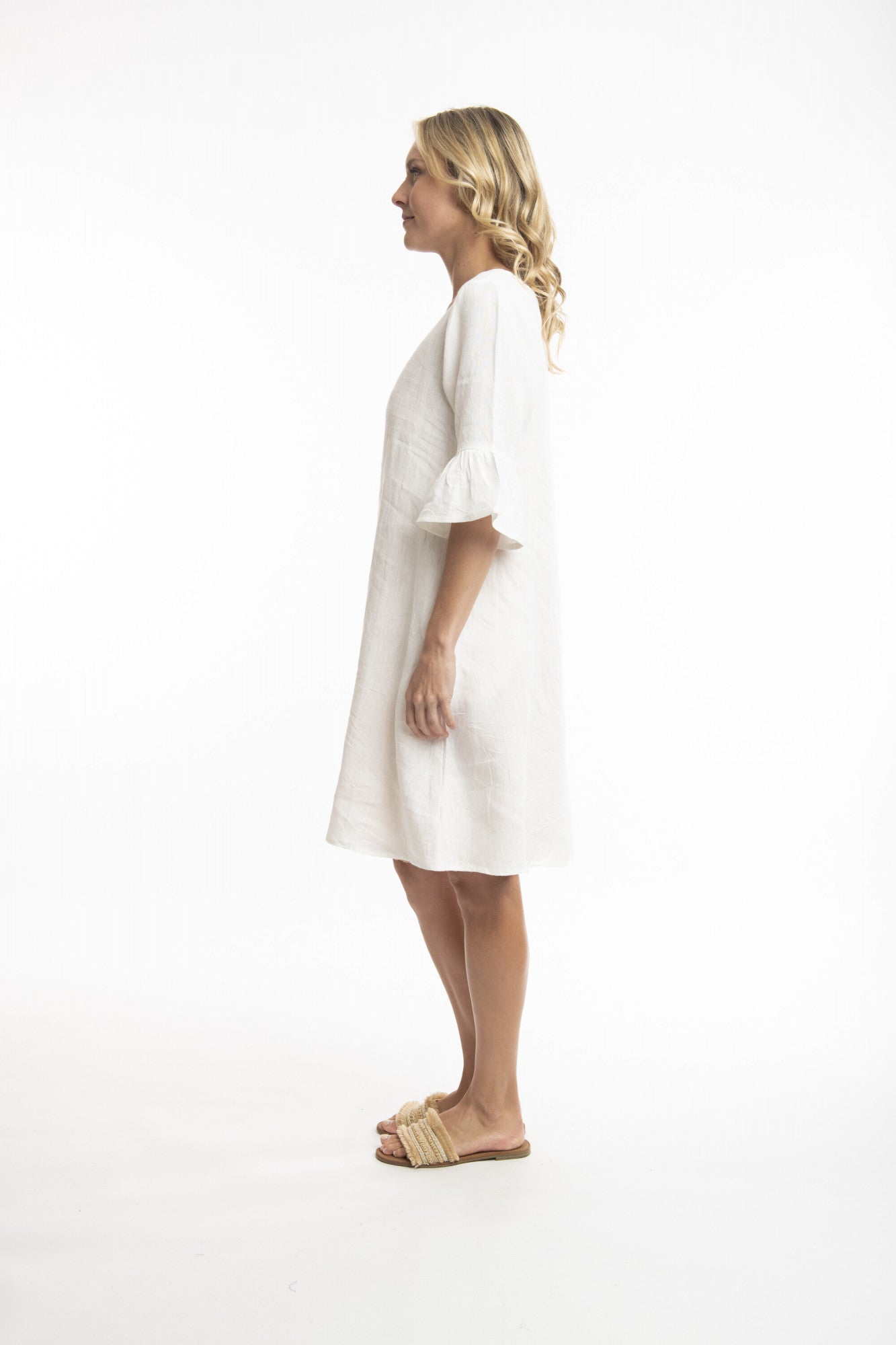 Orientique - Linen Frill Sleeve Dress - all things being eco chilliwack canada - women's clothing and accessories boutique - sustainable and fair trade fashion - eco friendly linen