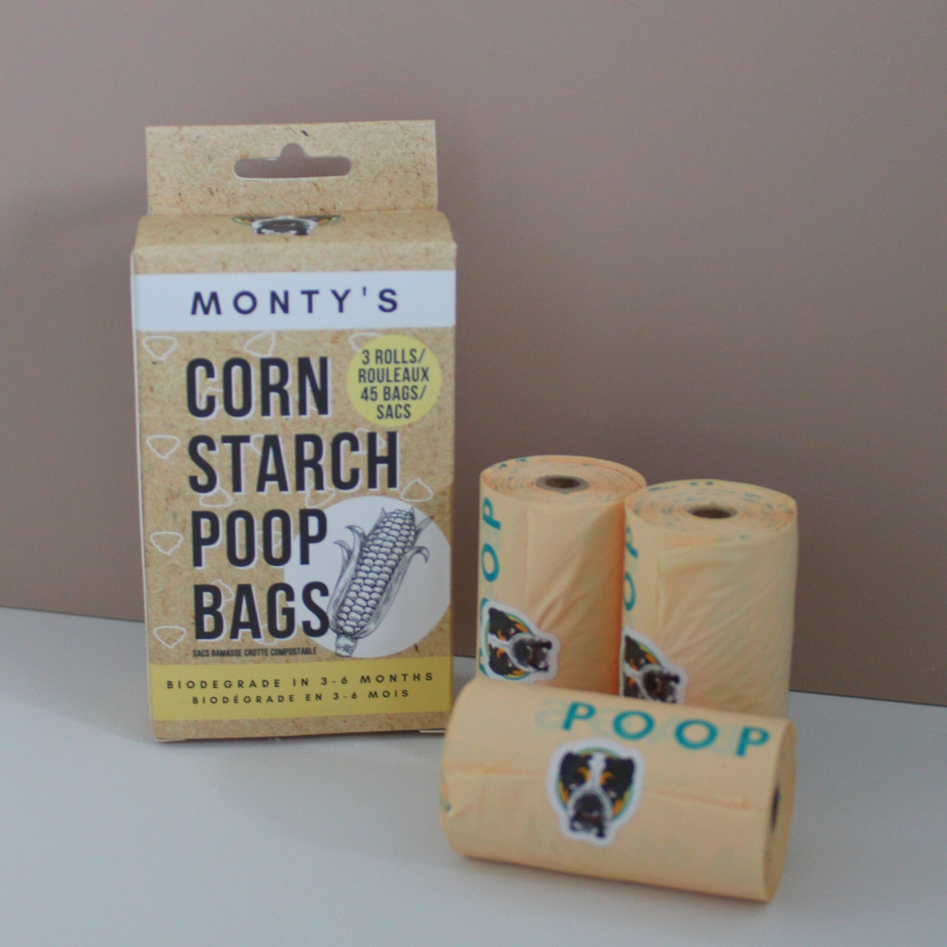 Monty's Bags - Compostable Cornstarch Poop Bags (45 Bags-3 Rolls)