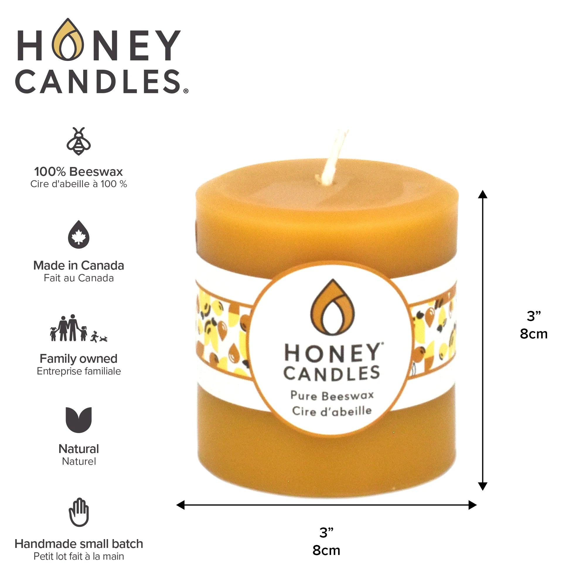 Honey Candles - 3" Round Pillar Natural Beeswax Candle
