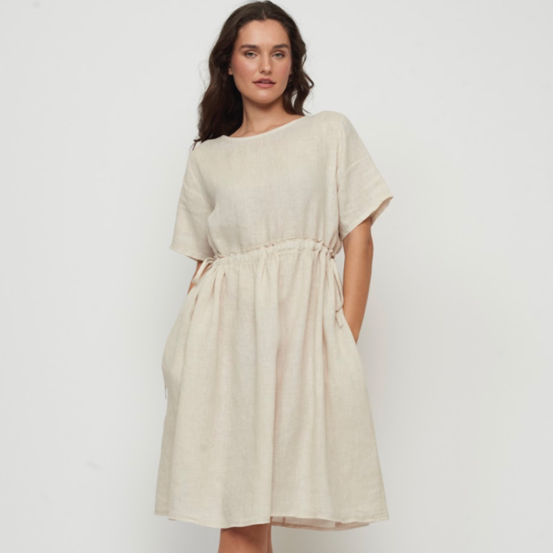 Pistache - Linen Oversize Drawstring Dress - all things being eco chilliwack