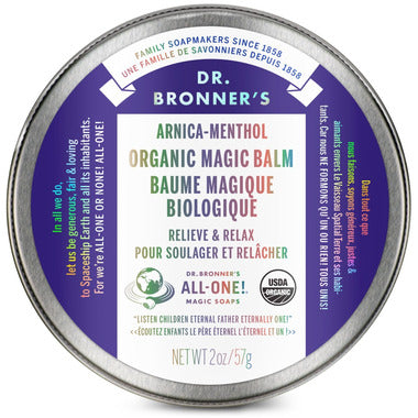 Dr. Bronner's Organic Magic Balm tin with purple label on a white background
