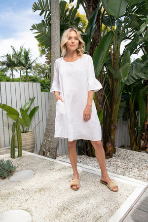 Orientique - Linen Frill Sleeve Dress - all things being eco chilliwack canada