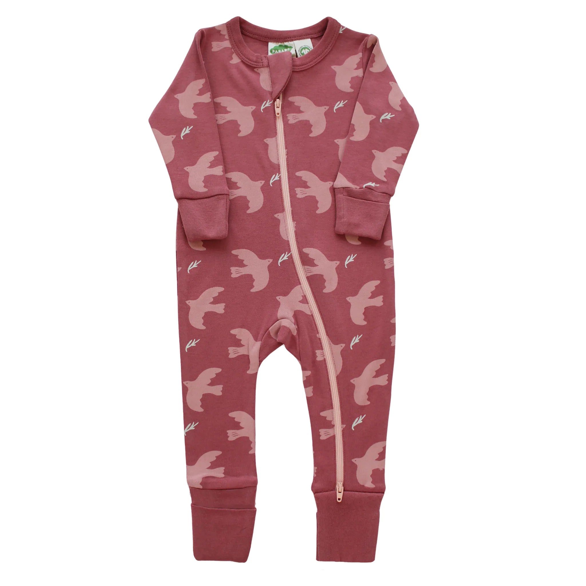 Parade Organics - Organic Cotton 2-Way Zipper Romper Rose Doves - all things being eco chilliwack - natural baby specialty store
