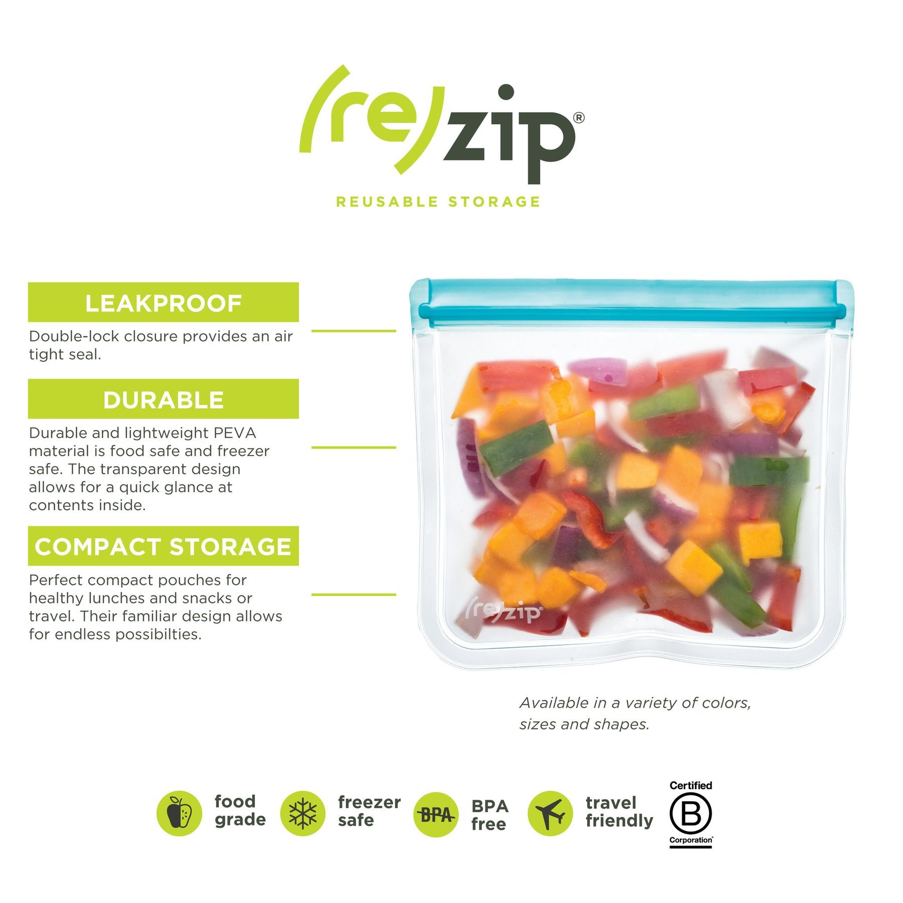 (re)zip - Lay-Flat Leakproof Reusable Food Storage Bags 4 Pack